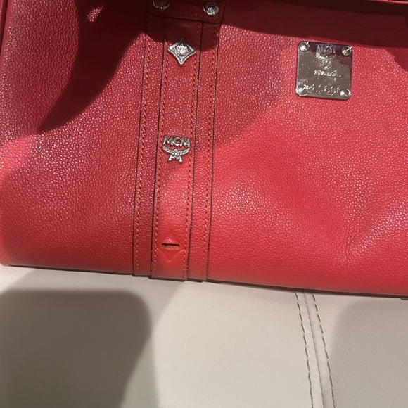 MCM Visetos Medium Essential Boston Bag Red 1054039  MCM Red Leather Boston Bag EUC